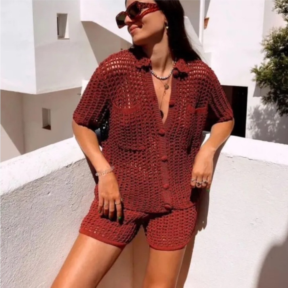 Zara Limited Edition Crochet Polo Sweater Top And Shorts Set